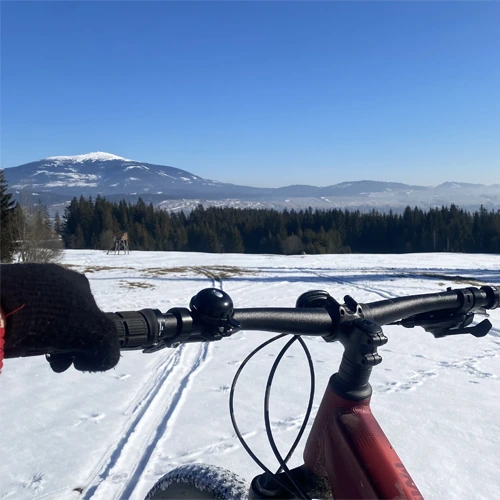 Bicykel na snehovom kopci s výhľadom na les a obrovský kopec v pozadí